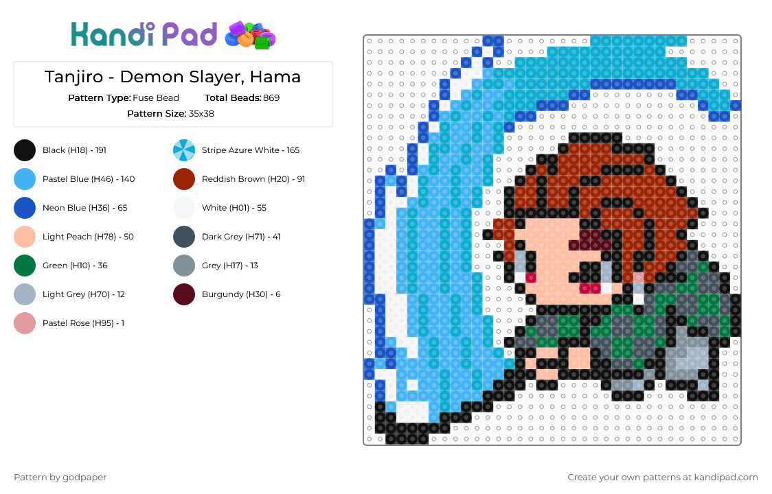 Tanjiro - Demon Slayer - Fuse Bead Pattern by godpaper on Kandi Pad - blue,light blue,red,tanjiro,demon slayer,demon,slayer,anime,kimetsu no yaiba