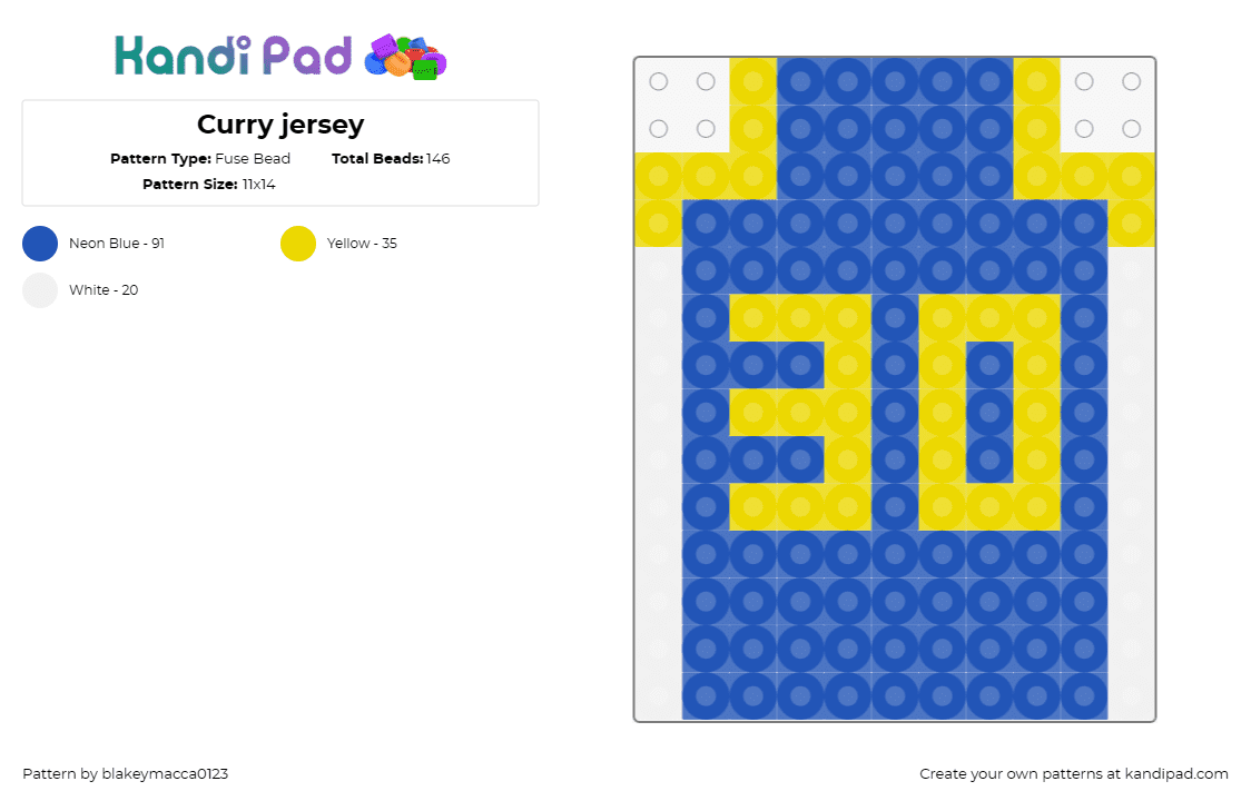 Curry jersey - Fuse Bead Pattern by blakeymacca0123 on Kandi Pad - stephen curry,basketball,jersey,sports,golden state,warriors,blue,yellow