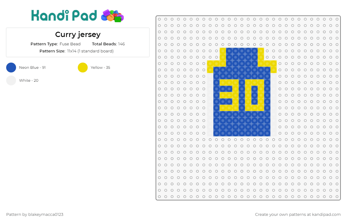 Curry jersey - Fuse Bead Pattern by blakeymacca0123 on Kandi Pad - stephen curry,basketball,jersey,sports,golden state,warriors,blue,yellow