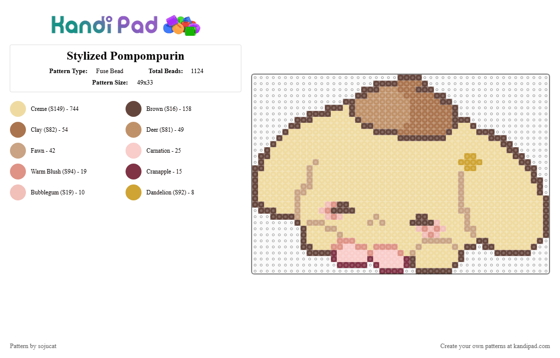 Stylized Pompompurin - Fuse Bead Pattern by sojucat on Kandi Pad - beige,pompompurin,sanrio,hello kitty,cute,stylized,cute sanrio