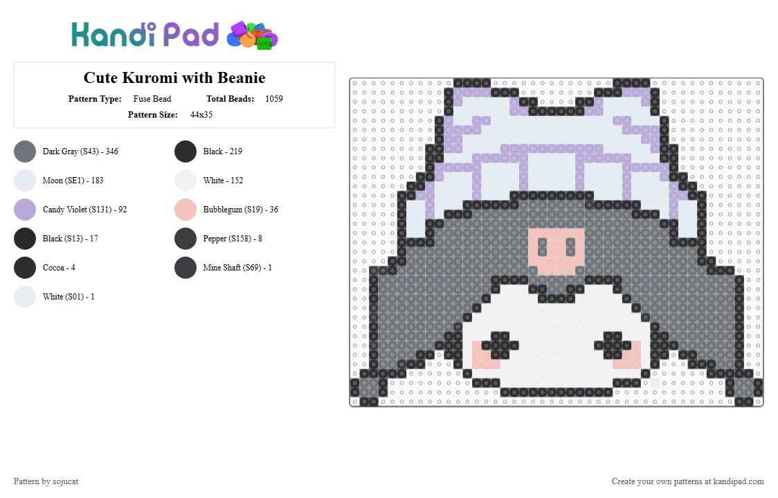 Cute Kuromi with Beanie - Fuse Bead Pattern by sojucat on Kandi Pad - gray,cute,kuromi,sanrio,hello kitty