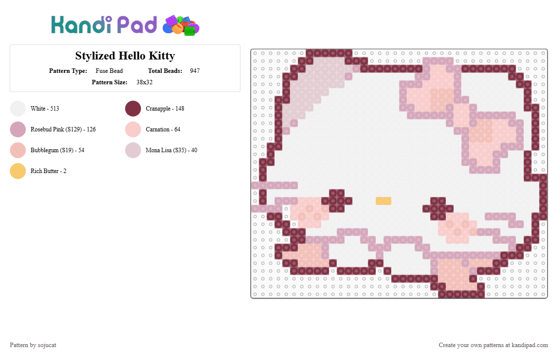 Stylized Hello Kitty - Fuse Bead Pattern by sojucat on Kandi Pad - white,brown,pink,beige,hello kitty,pink hello kitty,cute,sanrio,sanrio characters