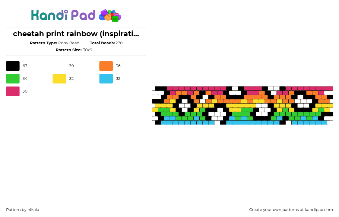 cheetah print rainbow (inspiration from ievaiie and mpegg101) - Pony Bead Pattern by hikala on Kandi Pad - cheetah print,animal,rainbow,cuff,vibrant,striking,standout