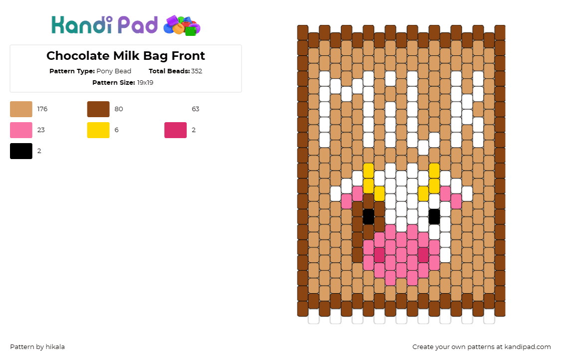 Chocolate Milk Bag Front - Pony Bead Pattern by hikala on Kandi Pad - chocolate milk,bag,panel,cow,animal face,pink nose,whimsical,brown and white,pla