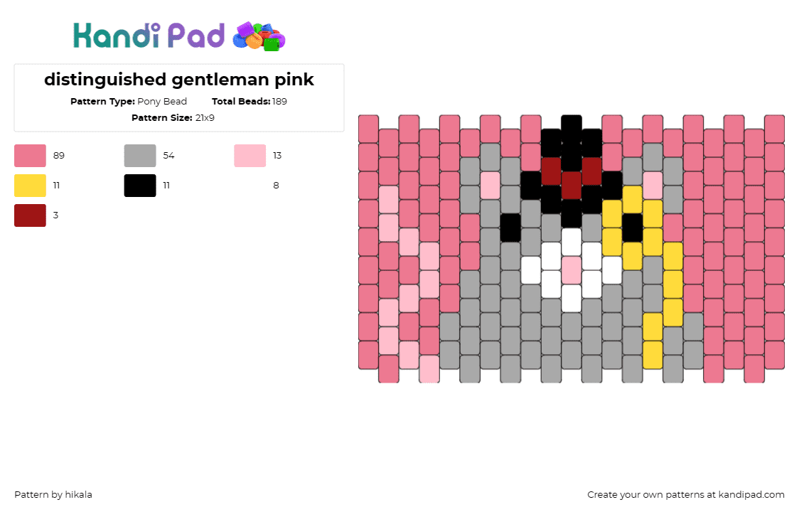 distinguished gentleman pink - Pony Bead Pattern by hikala on Kandi Pad - mouse,fancy,monocle,hat,animal,cute,rodent,animal,gray,pink