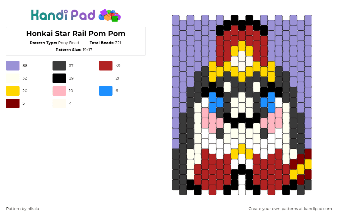 Honkai Star Rail Pom Pom - Pony Bead Pattern by hikala on Kandi Pad - pom pom,honkai star rail,character,video game,purple,red,white,gray