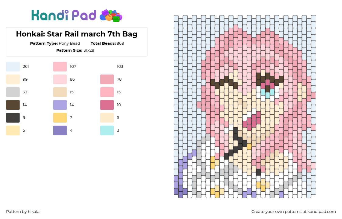 Honkai: Star Rail march 7th Bag - Pony Bead Pattern by hikala on Kandi Pad - march 7th,honkai star rail,bag,panel,character,video game,pink,light blue