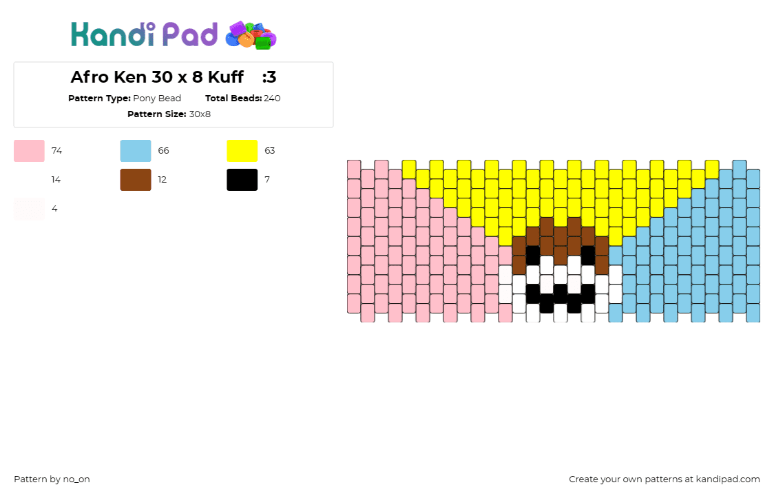 Afro Ken 30 x 8 Kuff    :3 - Pony Bead Pattern by no_on on Kandi Pad - afro ken,san-x,dog,anime,colorful,cuff,happy,pastel,light blue,yellow,pink