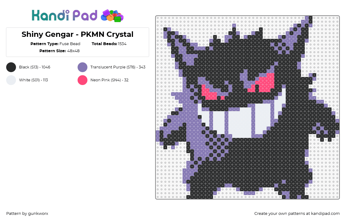 Shiny Gengar - PKMN Crystal - Fuse Bead Pattern by gunkworx on Kandi Pad - gengar,pokemon,character,gaming,evolution,haunter,gastly,spooky,scary,teeth,evil,black,purple