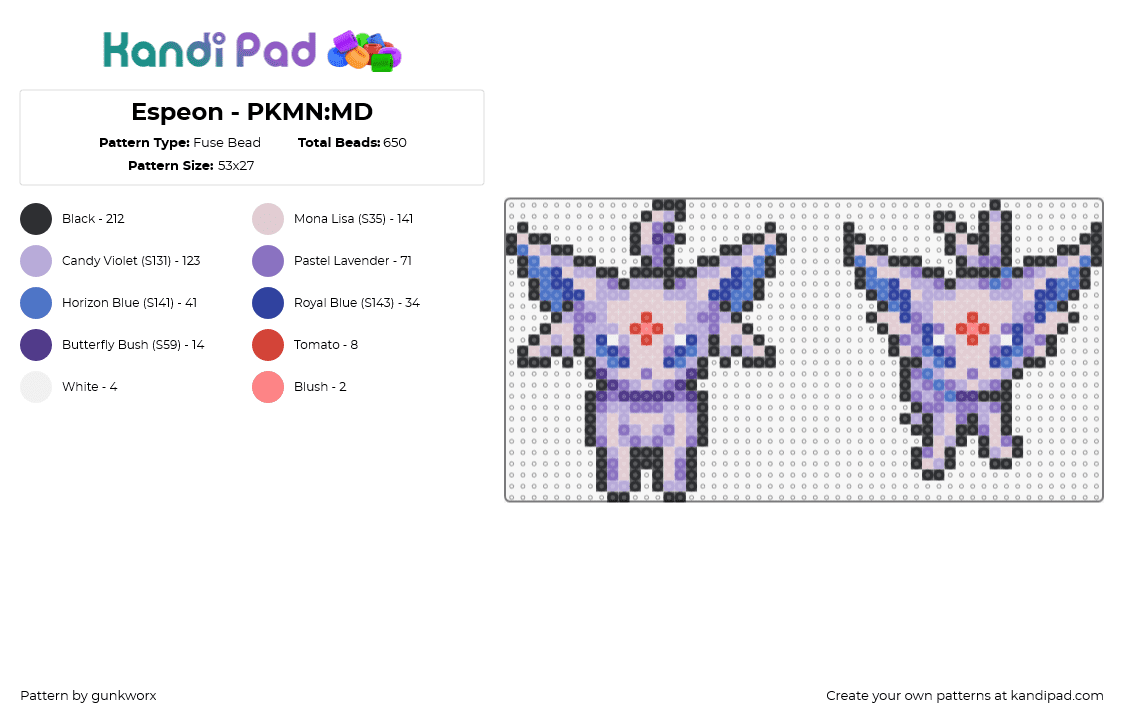 Espeon - PKMN:MD - Fuse Bead Pattern by gunkworx on Kandi Pad - espeon,pokemon,eevee,evolution,character,gaming,purple