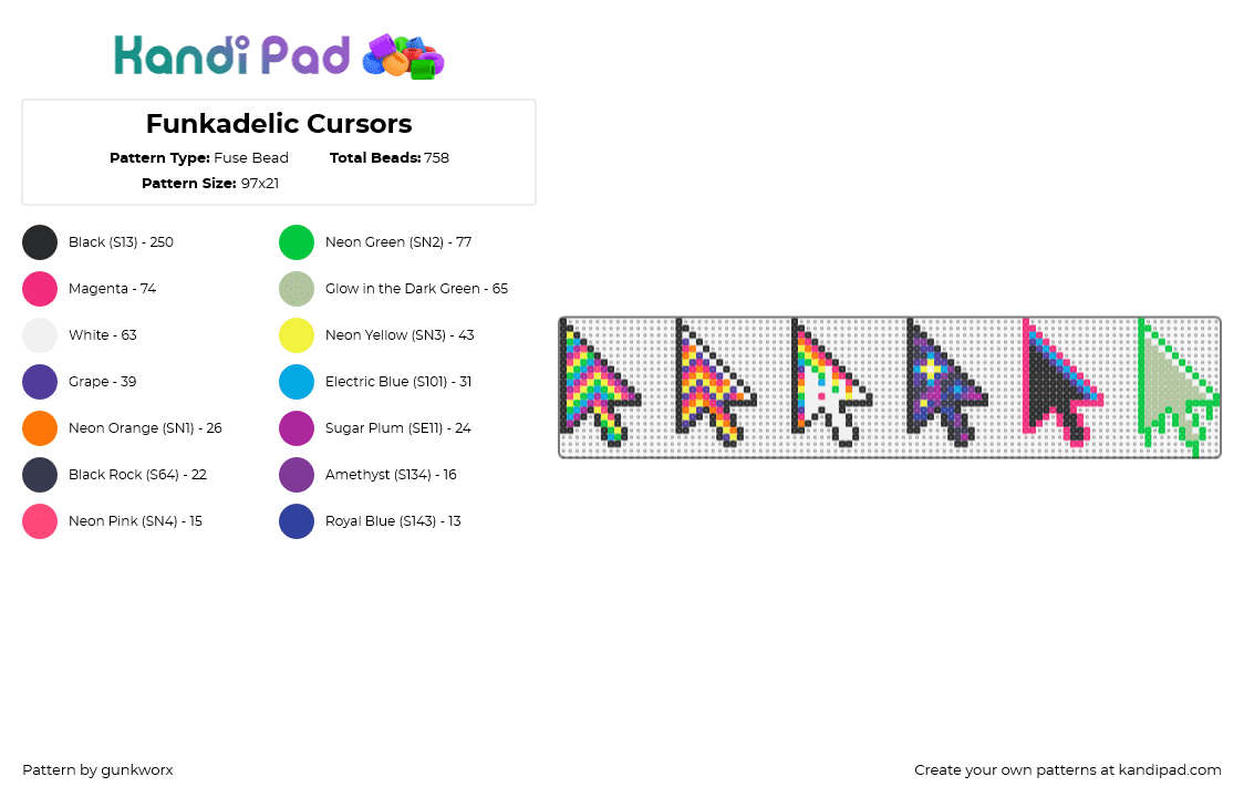 Funkadelic Cursors - Fuse Bead Pattern by gunkworx on Kandi Pad - cursors,arrows,pointer,mouse,computer,colorful,psychedelic,green,pink,purple