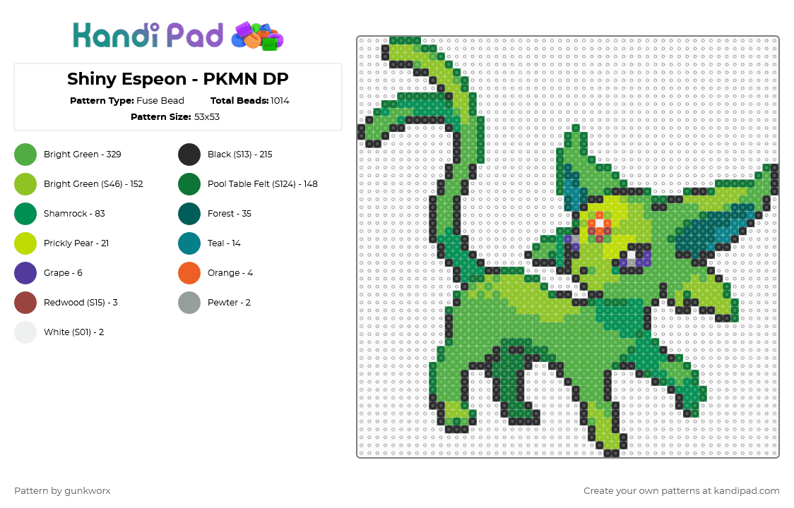 Shiny Espeon - PKMN DP - Fuse Bead Pattern by gunkworx on Kandi Pad - anime,video game,gaming,scifi,animal,pokemon,green,shiny,espeon,alien,cat,eeveelution