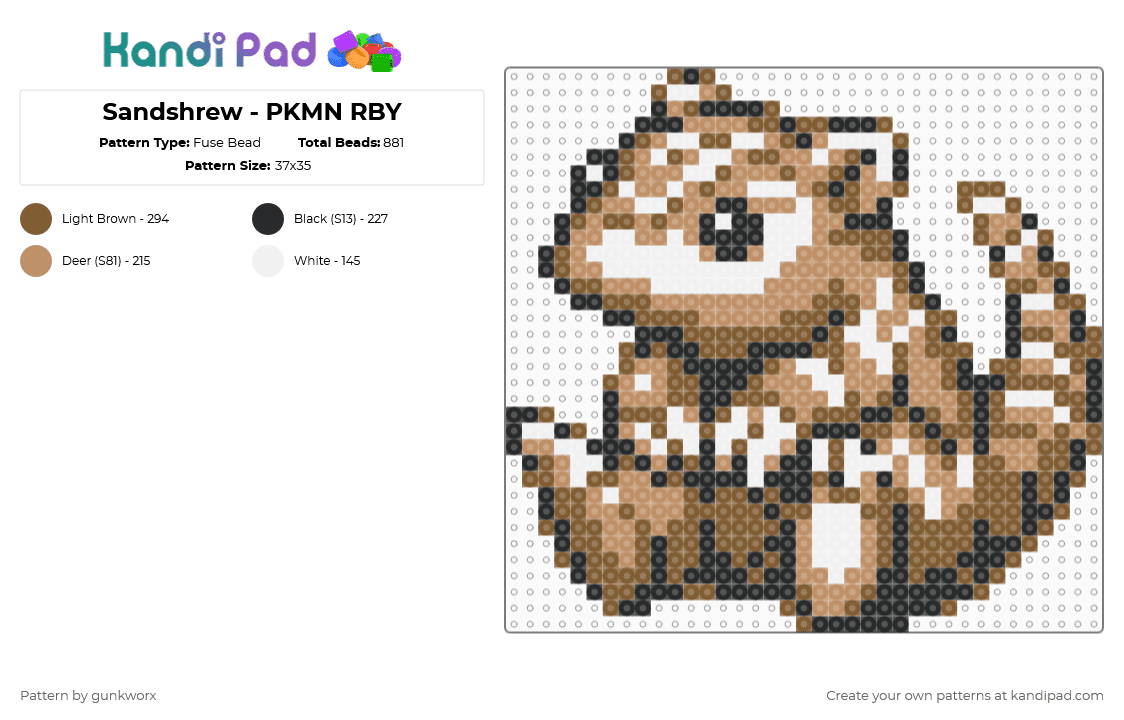 Sandshrew - PKMN RBY - Fuse Bead Pattern by gunkworx on Kandi Pad - sandshrew,video game,creature,gaming,pokemon,tan,cute,retro,brown