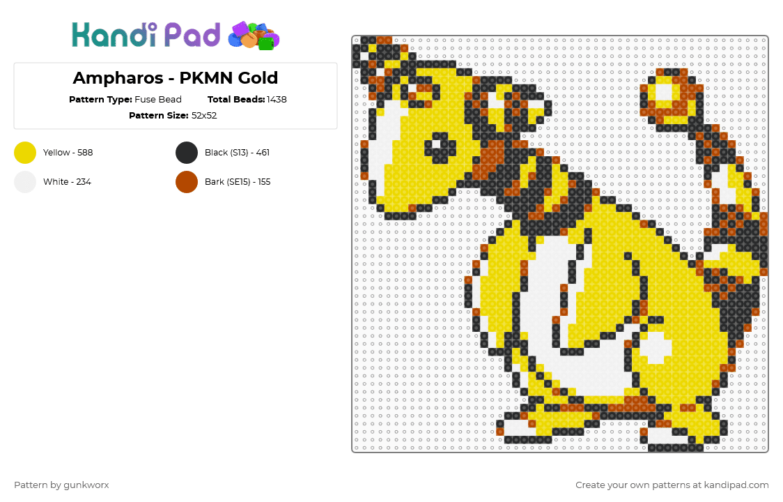 Ampharos - PKMN Gold - Fuse Bead Pattern by gunkworx on Kandi Pad - ampharos,video game,gameboy,gaming,pokemon,yellow,retro,cute