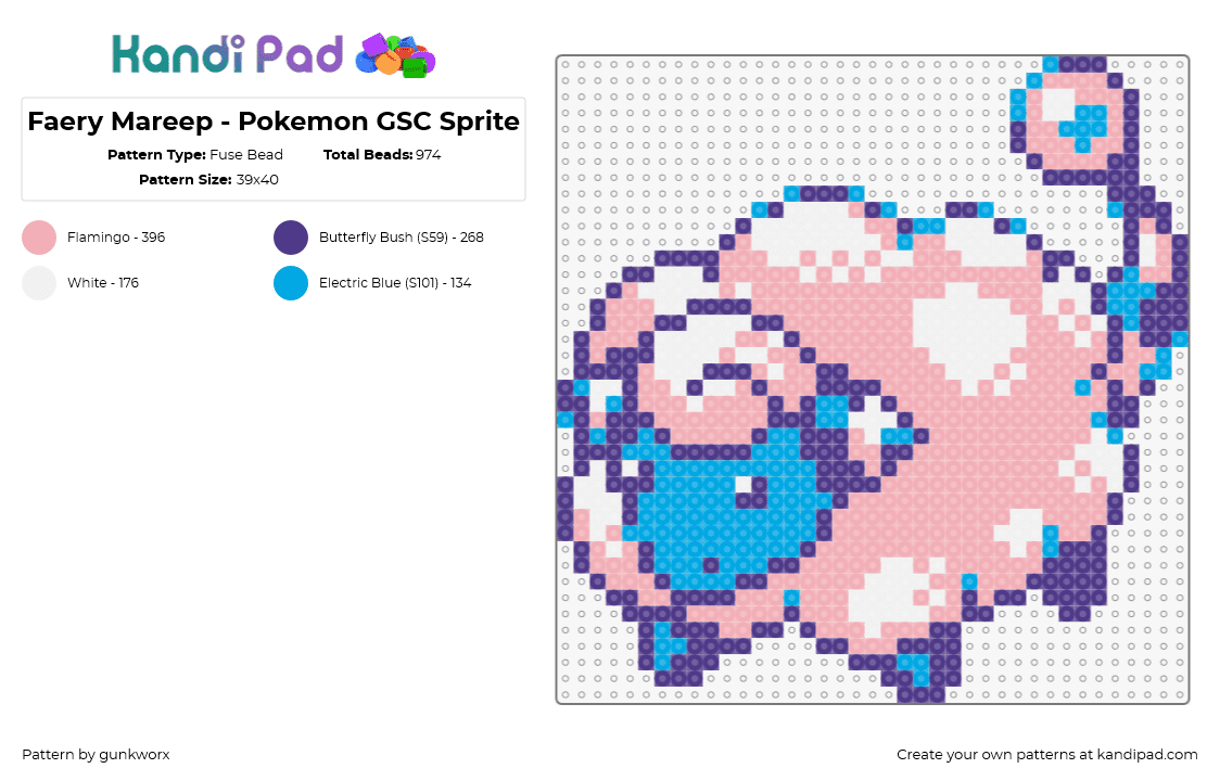 Faery Mareep - Pokemon GSC Sprite - Fuse Bead Pattern by gunkworx on Kandi Pad - mareep,pokemon,sheep,character,gaming,pink,blue