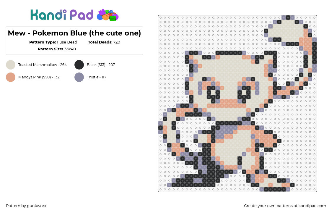 Mew - Pokemon Blue (the cute one) - Fuse Bead Pattern by gunkworx on Kandi Pad - mew,pokemon,character,gaming,cute,beige