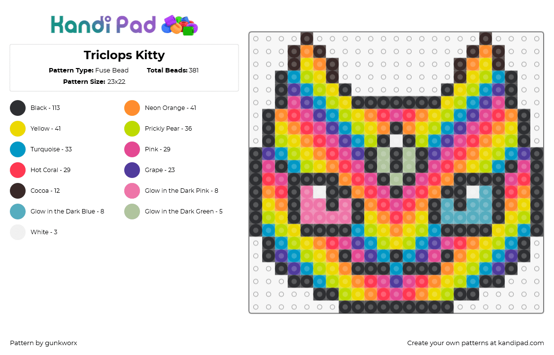 Triclops Kitty - Fuse Bead Pattern by gunkworx on Kandi Pad - psychedelic,trippy,cyclops,cat,third eye,colorful,bright,neon,pink,teal