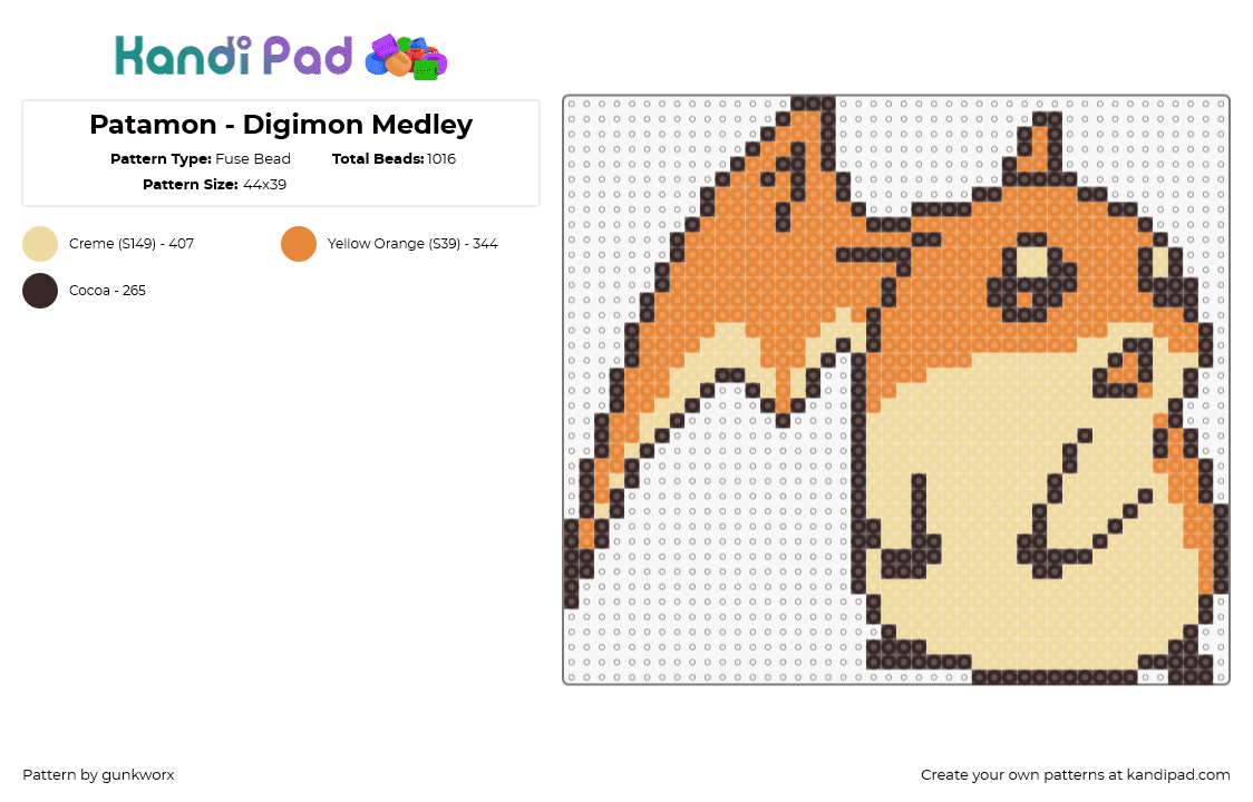 Patamon - Digimon Medley - Fuse Bead Pattern by gunkworx on Kandi Pad - patamon,digimon,character,cute,gaming,orange