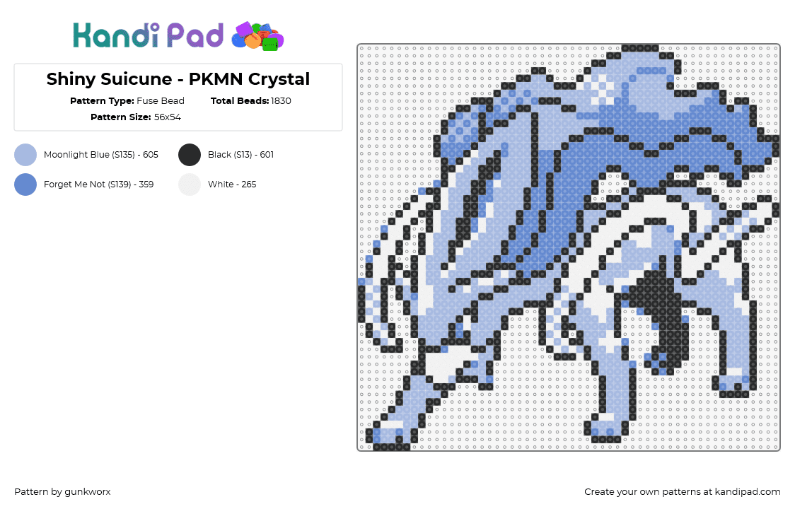 Shiny Suicune - PKMN Crystal - Fuse Bead Pattern by gunkworx on Kandi Pad - suicune,pokemon,character,gaming,light blue