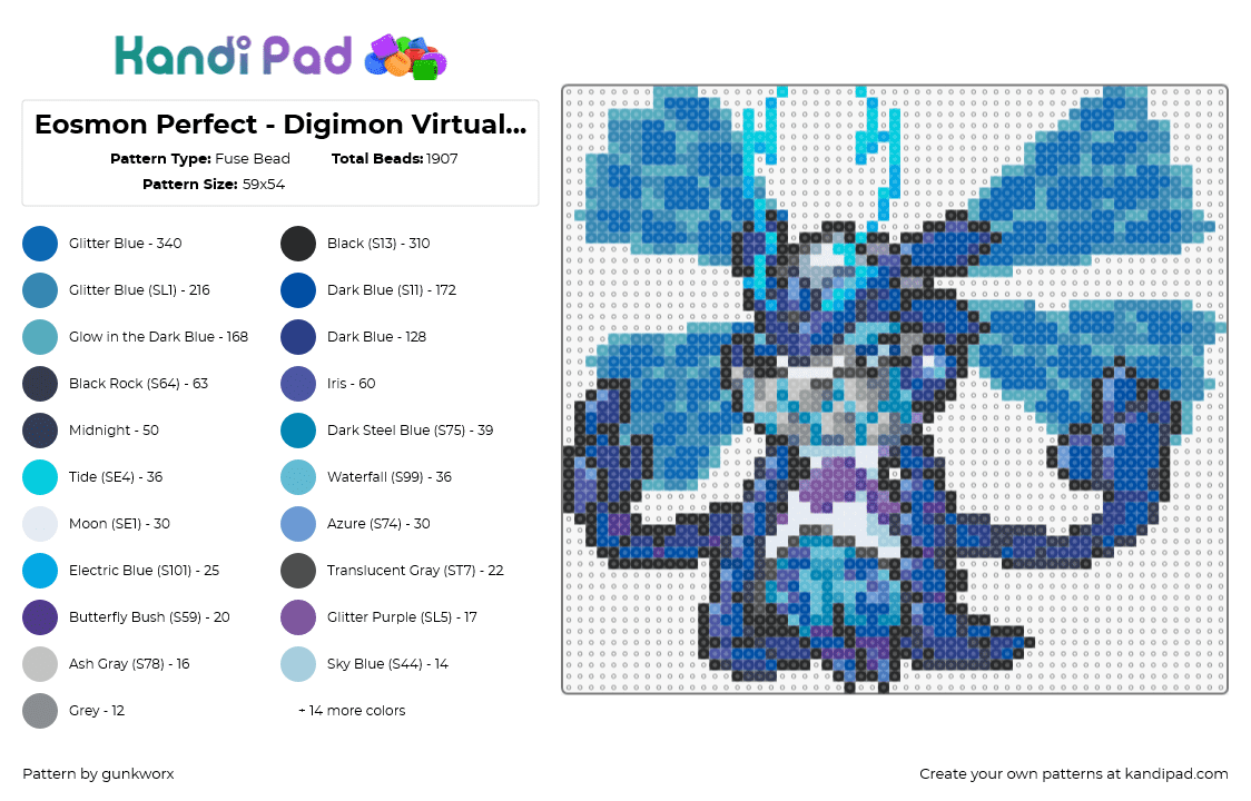 Eosmon Perfect - Digimon Virtual Bracelet - Fuse Bead Pattern by gunkworx on Kandi Pad - eosmon,digimon,character,gaming,blue