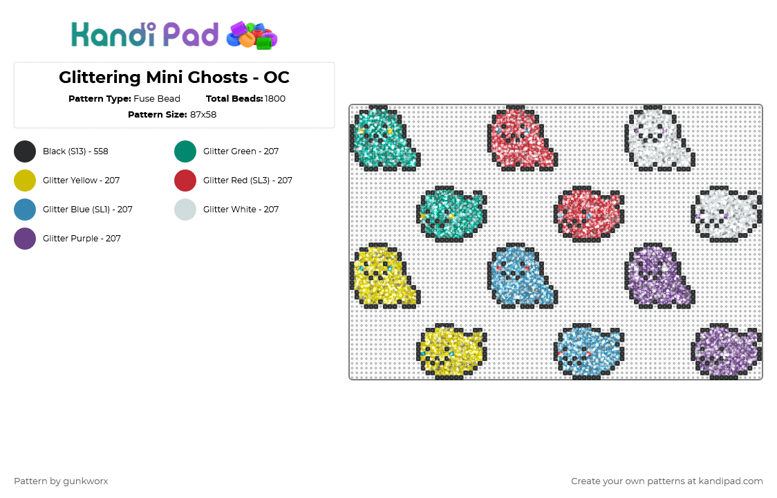 Glittering Mini Ghosts - OC - Fuse Bead Pattern by gunkworx on Kandi Pad - yellow,light blue,colorful,ghost,halloween,cute,glitter,spooky