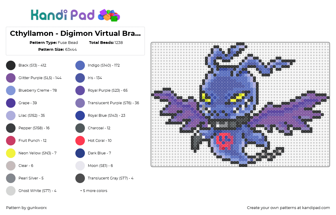 Cthyllamon - Digimon Virtual Bracelet - Fuse Bead Pattern by gunkworx on Kandi Pad - cthyllamon,digimon,character,gaming,winged,blue,purple