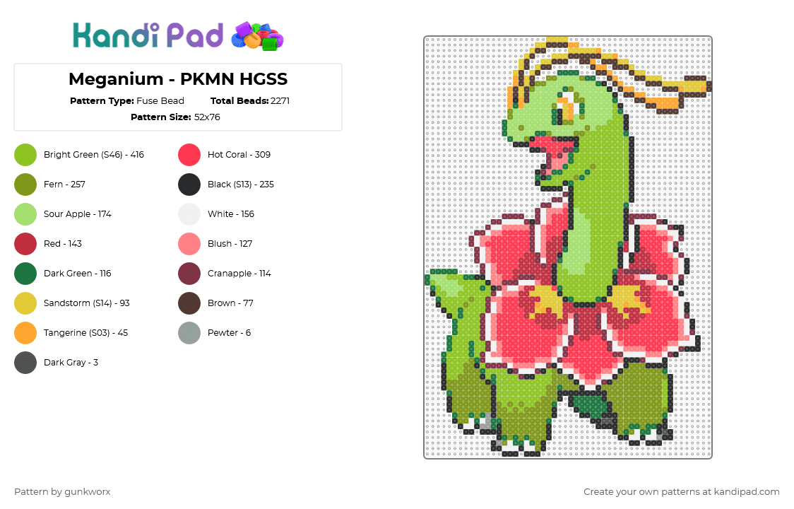 Meganium - PKMN HGSS - Fuse Bead Pattern by gunkworx on Kandi Pad - video game,gaming,pokemon,green,gold,red,meganium,pink,plant,flora