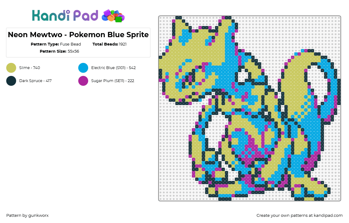 Neon Mewtwo - Pokemon Blue Sprite - Fuse Bead Pattern by gunkworx on Kandi Pad - mewtwo,pokemon,neon,classic,retro,gaming,green,blue,teal,pink