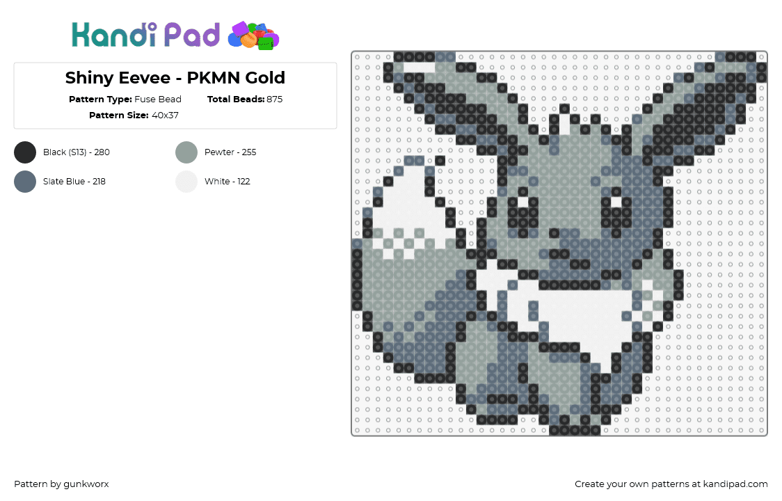 Shiny Eevee - PKMN Gold - Fuse Bead Pattern by gunkworx on Kandi Pad - eevee,pokemon,character,gaming,cute,gray,white