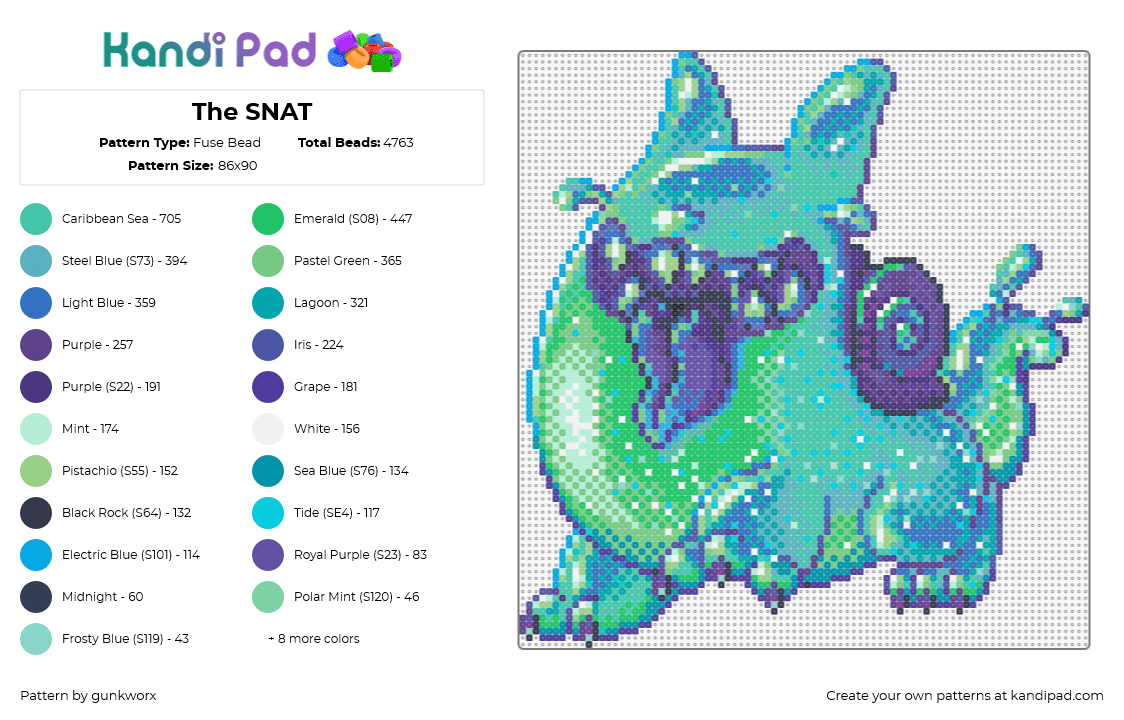 The SNAT - Fuse Bead Pattern by gunkworx on Kandi Pad - snat,snail,cat,character,sparkles,shell,tongue,creature,mashup,teal,green,purple