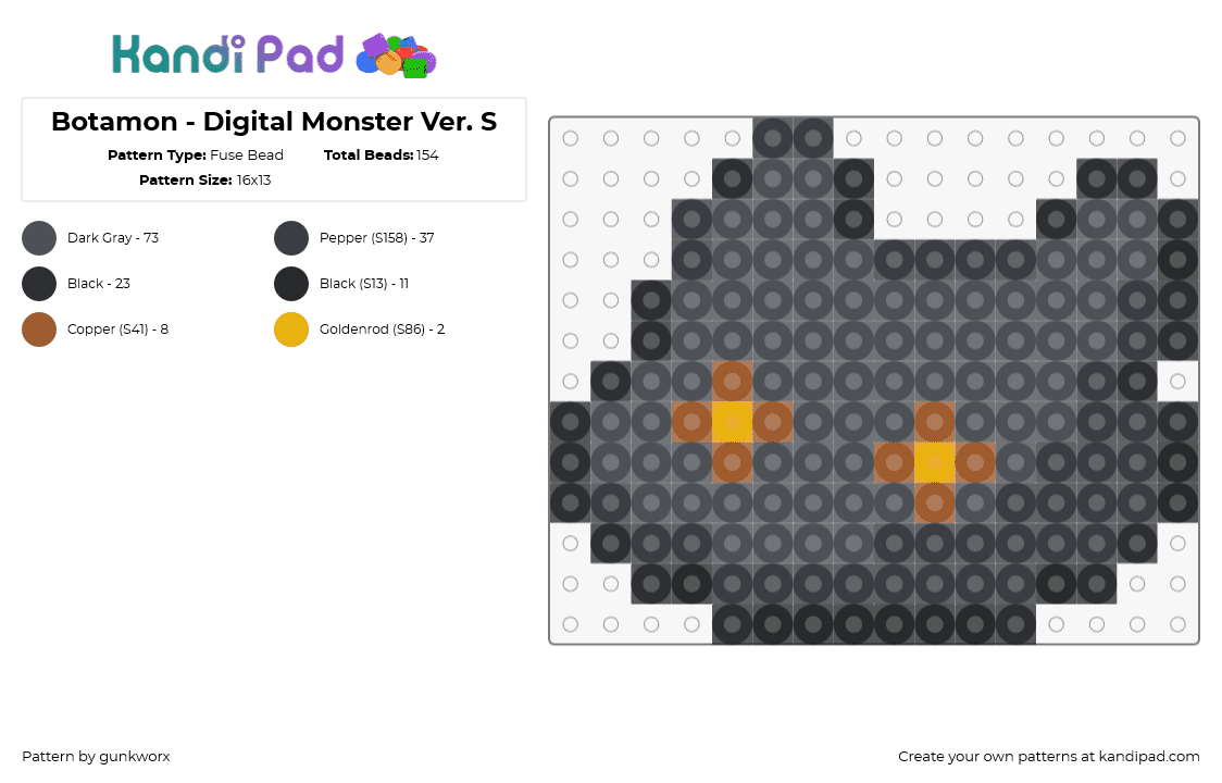 Botamon - Digital Monster Ver. S - Fuse Bead Pattern by gunkworx on Kandi Pad - botamon,digimon,character,gaming,black,gray,orange