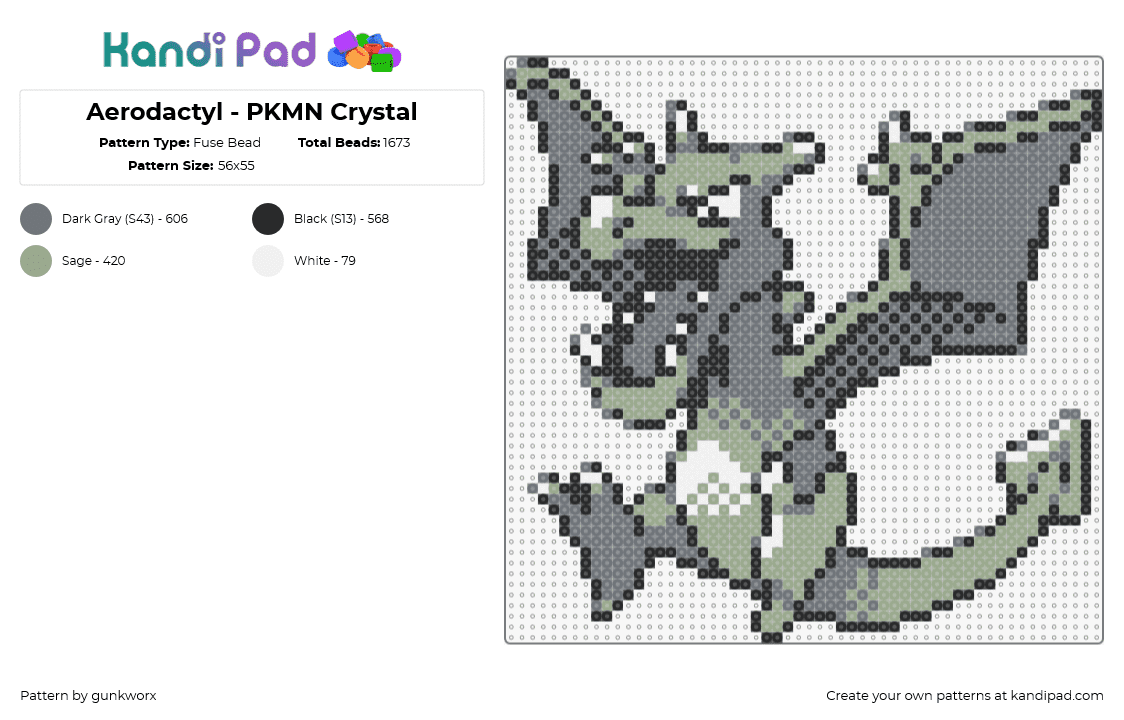 Aerodactyl - PKMN Crystal - Fuse Bead Pattern by gunkworx on Kandi Pad - aerodactyl,pokemon,character,gaming,winged,dragon,gargoyle,gray