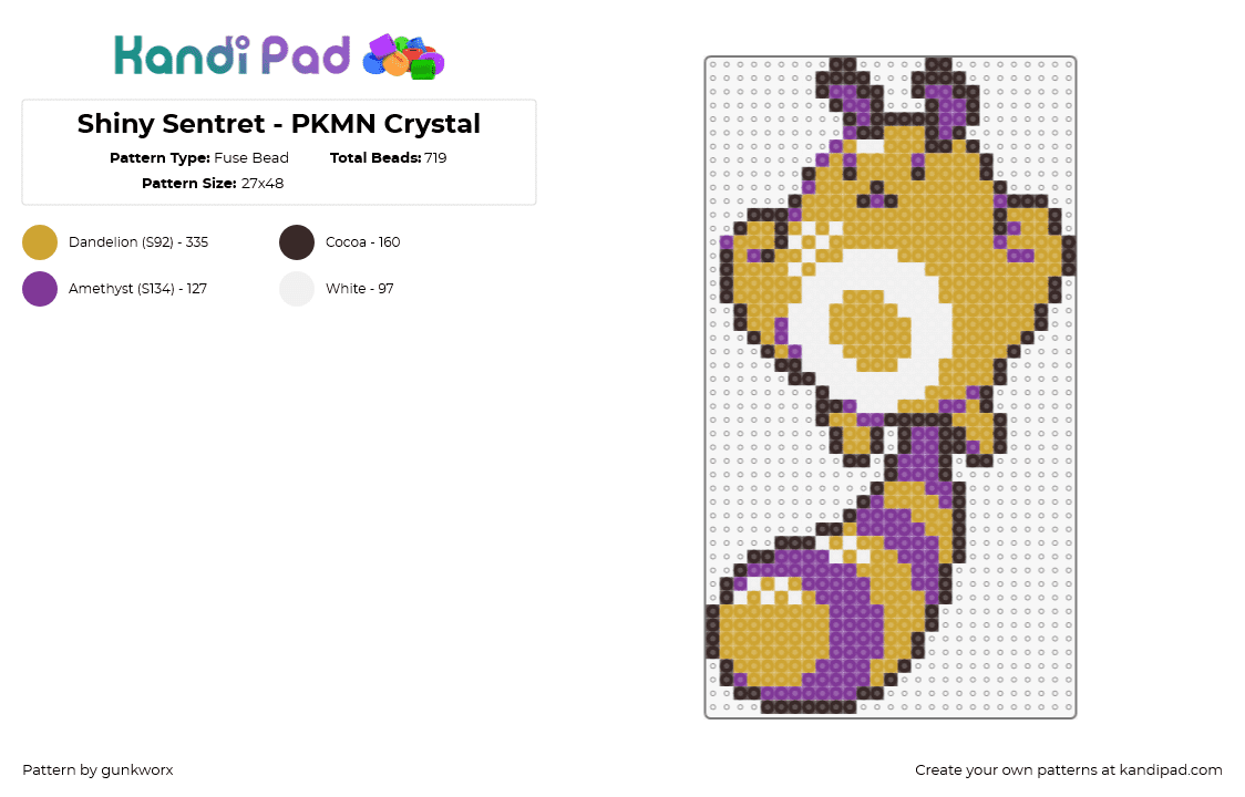 Shiny Sentret - PKMN Crystal - Fuse Bead Pattern by gunkworx on Kandi Pad - sentret,pokemon,character,gaming,purple,tan,yellow