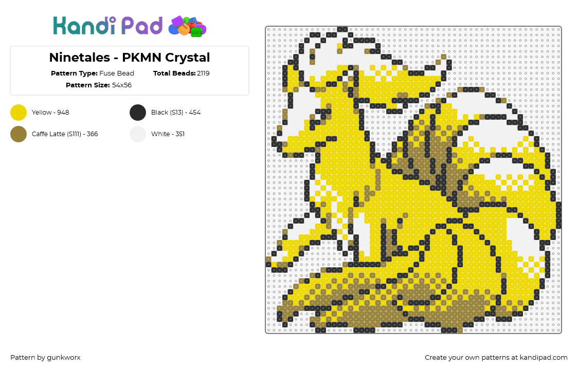 Ninetales - PKMN Crystal - Fuse Bead Pattern by gunkworx on Kandi Pad - ninetails,pokemon,character,gaming,evolution,vulpix,yellow