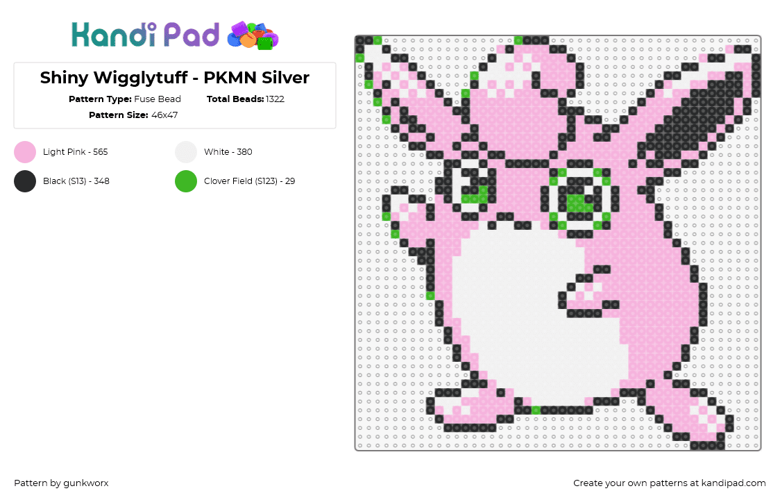 Shiny Wigglytuff - PKMN Silver - Fuse Bead Pattern by gunkworx on Kandi Pad - wigglytuff,pokemon,character,gaming,evolution,jigglypuff,pink,white