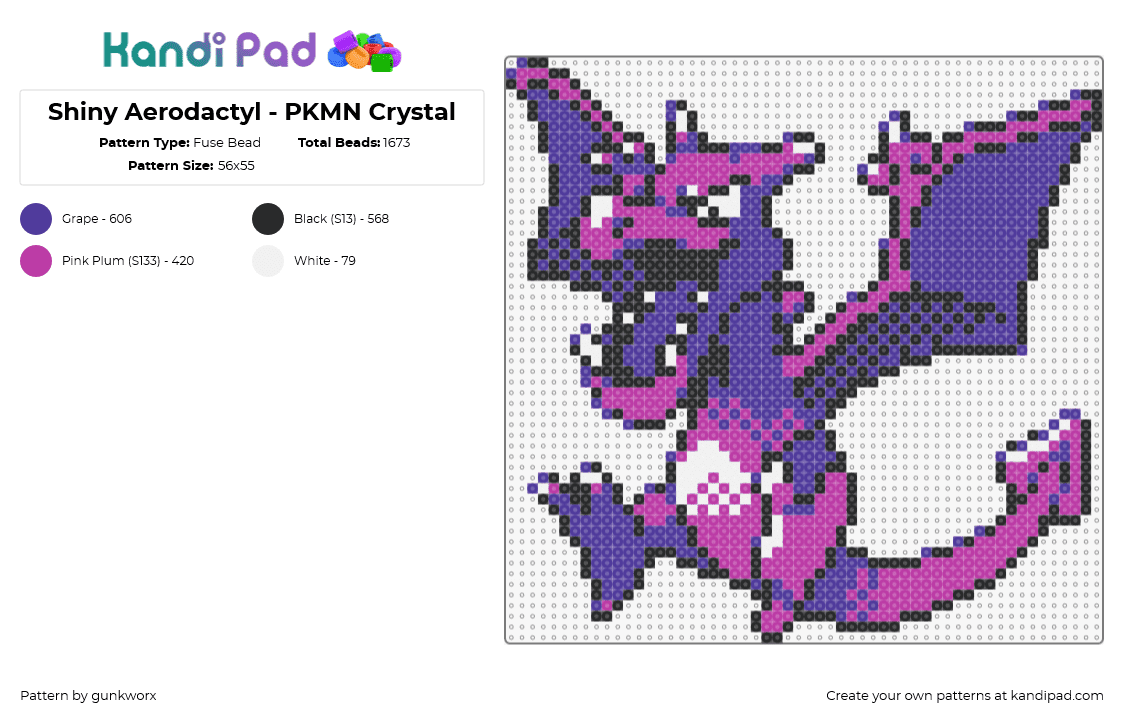 Shiny Aerodactyl - PKMN Crystal - Fuse Bead Pattern by gunkworx on Kandi Pad - aerodactyl,pokemon,character,gaming,winged,dragon,purple