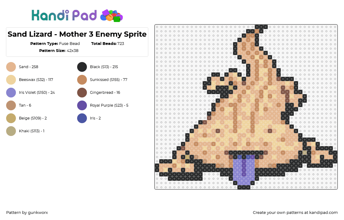 Sand Lizard - Mother 3 Enemy Sprite - Fuse Bead Pattern by gunkworx on Kandi Pad - sand lizard,earthbound,character,cute,tongue,gaming,tan,purple