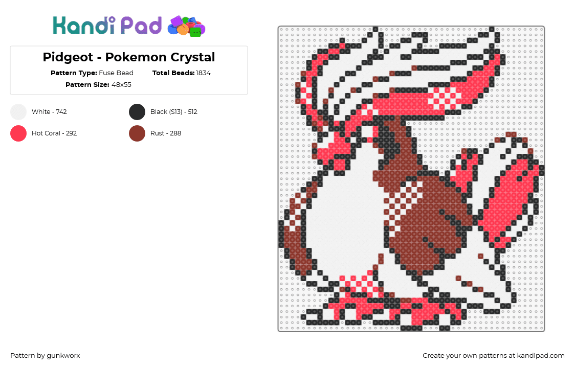 Pidgeot - Pokemon Crystal - Fuse Bead Pattern by gunkworx on Kandi Pad - pidgeot,pokemon,character,bird,gaming,white,brown,red