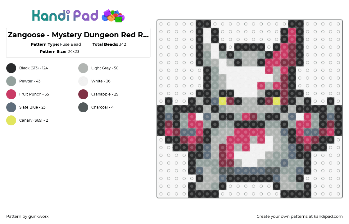 Zangoose - Mystery Dungeon Red Rescue v1 - Fuse Bead Pattern by gunkworx on Kandi Pad - zangoose,pokemon,character,gaming,red,gray