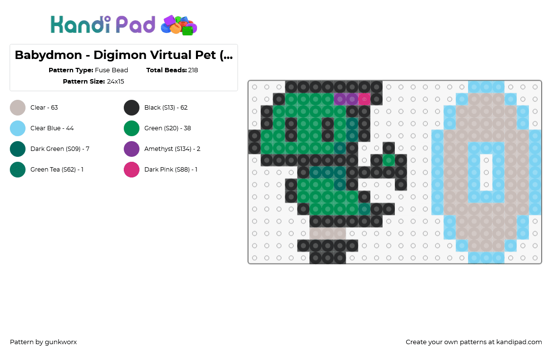 Babydmon - Digimon Virtual Pet (with stand) - Fuse Bead Pattern by gunkworx on Kandi Pad - babydmon,digimon,character,gaming,green,light blue,gray