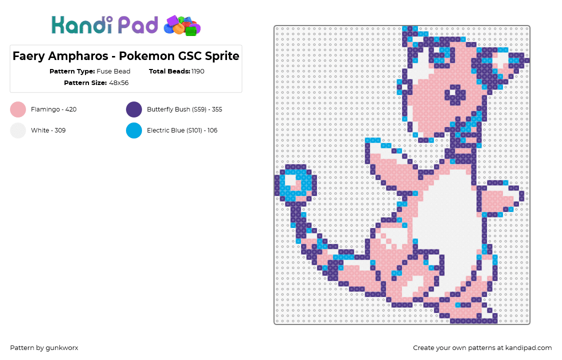 Faery Ampharos - Pokemon GSC Sprite - Fuse Bead Pattern by gunkworx on Kandi Pad - ampharos,pokemon,character,gaming,pink,blue,white