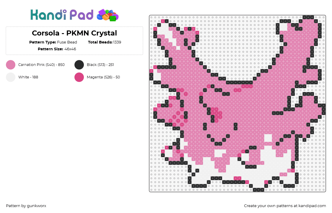 Corsola - PKMN Crystal - Fuse Bead Pattern by gunkworx on Kandi Pad - corsola,pokemon,character,gaming,cute,pink