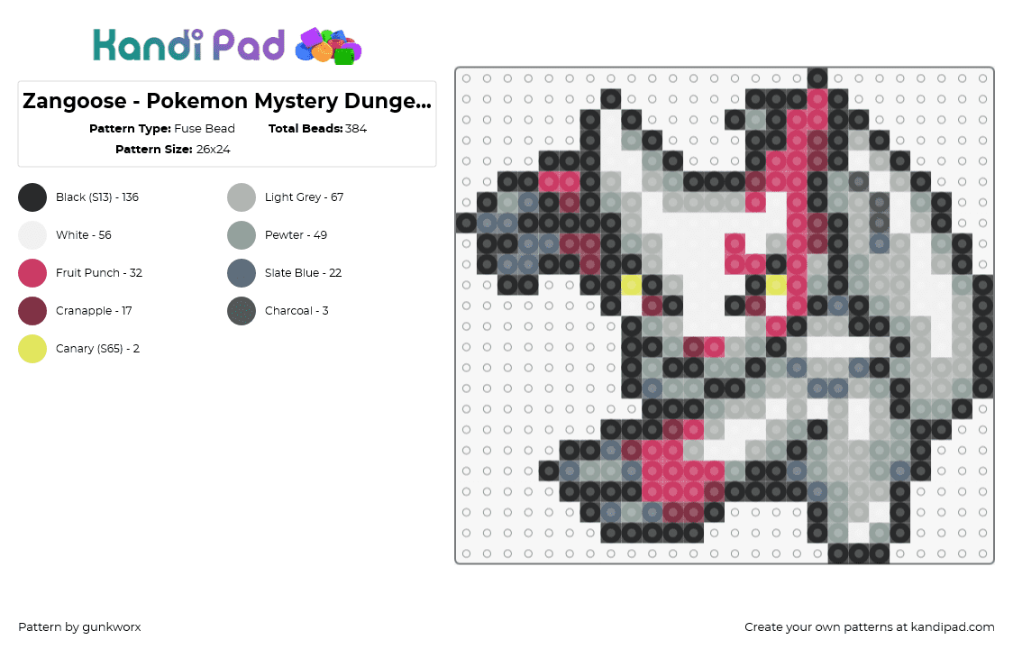 Zangoose - Pokemon Mystery Dungeon Red Rescue v2 - Fuse Bead Pattern by gunkworx on Kandi Pad - zangoose,pokemon,character,gaming,red,gray