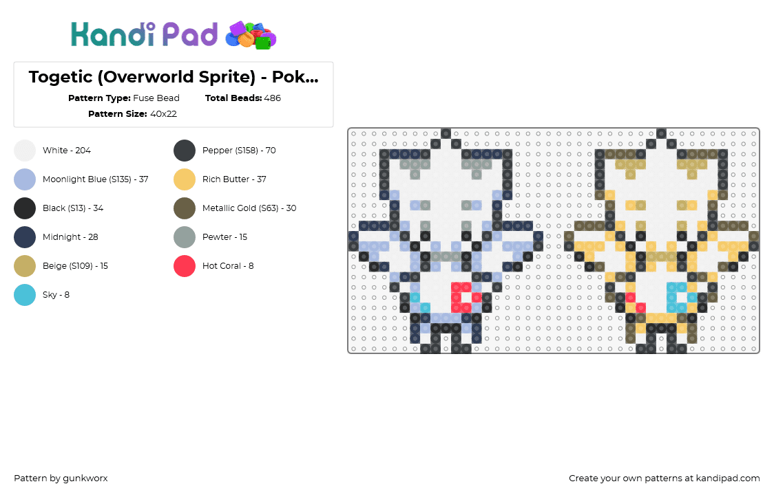 Togetic (Overworld Sprite) - Pokemon HGSS - Fuse Bead Pattern by gunkworx on Kandi Pad - tpgetic,pokemon,character,gaming,white,yellow