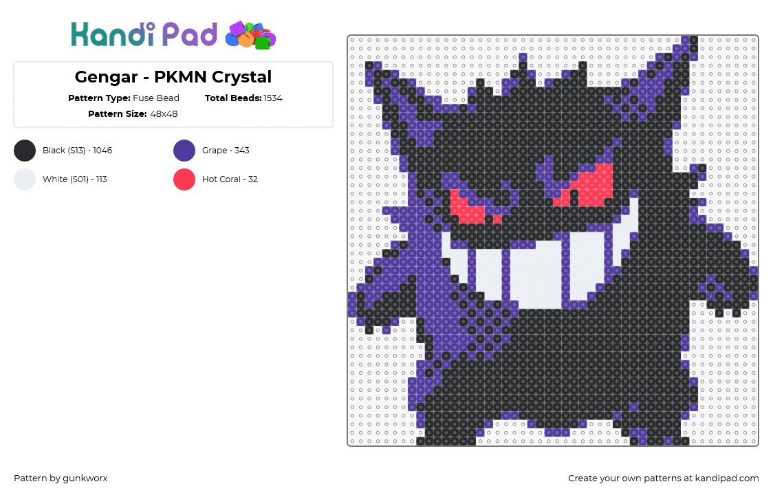 Gengar - PKMN Crystal - Fuse Bead Pattern by gunkworx on Kandi Pad - gengar,pokemon,character,gaming,evolution,haunter,gastly,spooky,scary,teeth,evil,black,purple