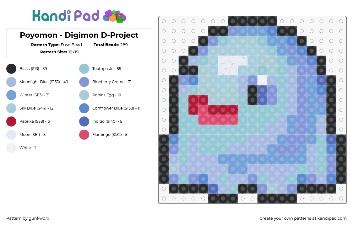 Poyomon - Digimon D-Project - Fuse Bead Pattern by gunkworx on Kandi Pad - poyomon,digimon,character,cute,gaming,pastel,light blue,purple,red