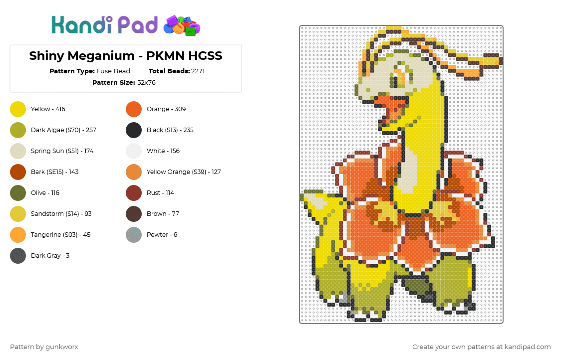 Shiny Meganium - PKMN HGSS - Fuse Bead Pattern by gunkworx on Kandi Pad - video game,gaming,pokemon,yellow,orange,green,red,meganium,plant,flora
