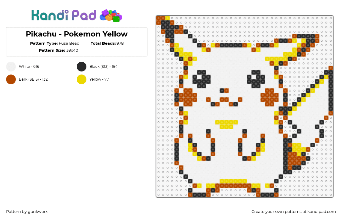 Pikachu - Pokemon Yellow - Fuse Bead Pattern by gunkworx on Kandi Pad - pikachu,pokemon,character,starter,cute,gaming,white,yellow