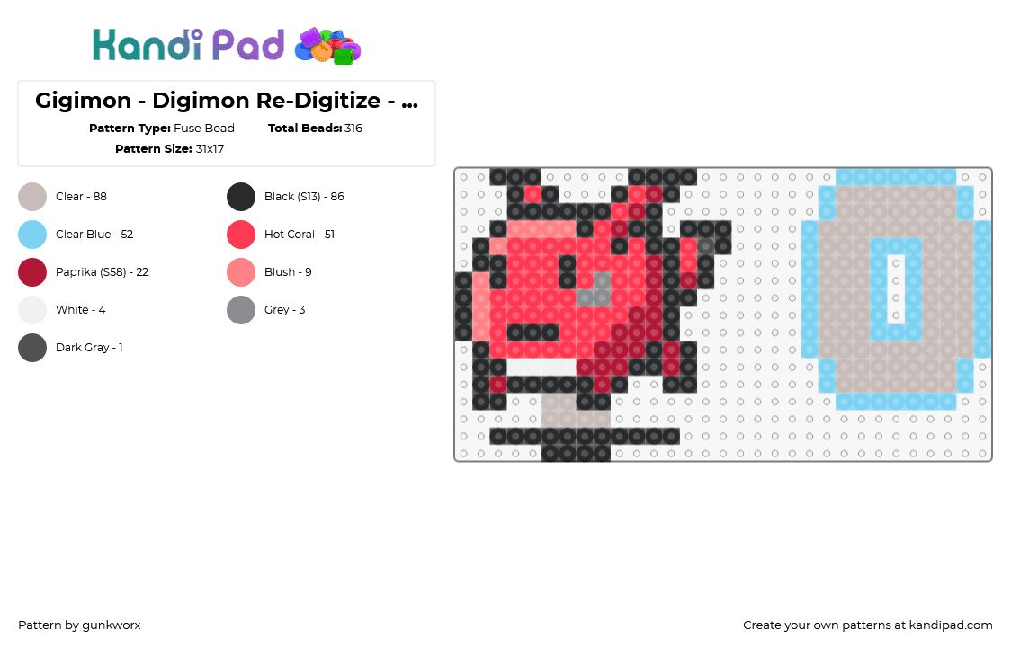 Gigimon - Digimon Re-Digitize - with stand - Fuse Bead Pattern by gunkworx on Kandi Pad - gigimon,digimon,character,gaming,red,light blue,gray