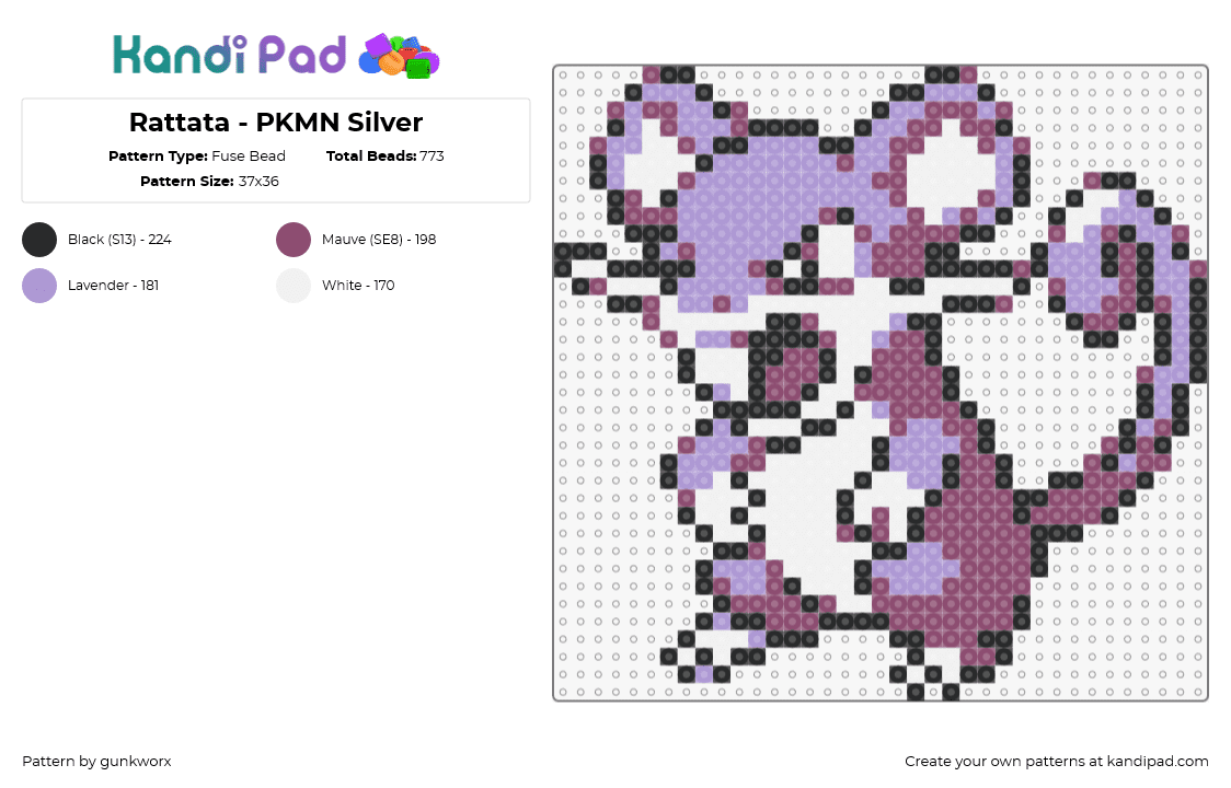 Rattata - PKMN Silver - Fuse Bead Pattern by gunkworx on Kandi Pad - rattata,pokemon,character,gaming,mouse,purple,white